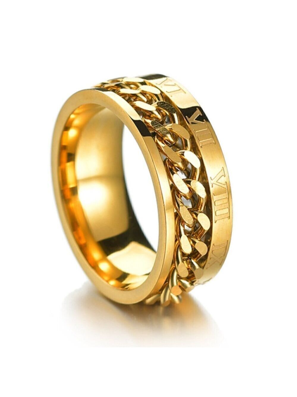 18K Gold Plated Stainless Steel Roman Numeral Spinning Cuban Link Ring, Unisex